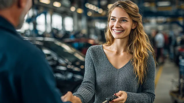 Woman in her 40s getting her car keys back from a smiling mechanic in a repair bay after a brake job paid with a $1,000 loan