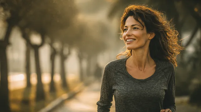 Woman in her 40s jogging on a tree-lined park path at sunrise, steady progress like paying down debt with sunset loans