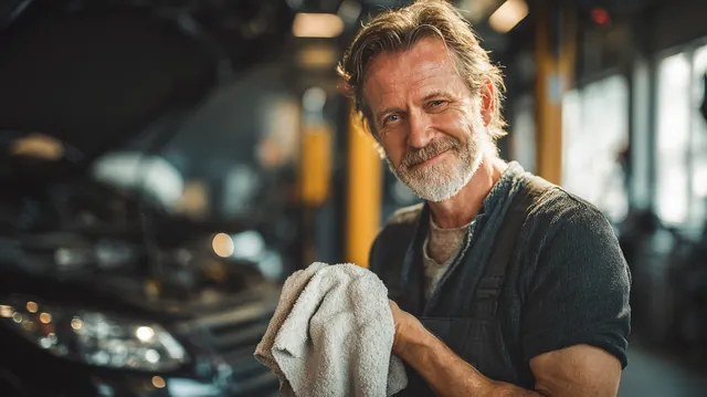 Mechanic in his 50s wiping his hands on a shop towel in a clean auto repair shop, the kind of repair bill that leads drivers to compare short-term sunset loans