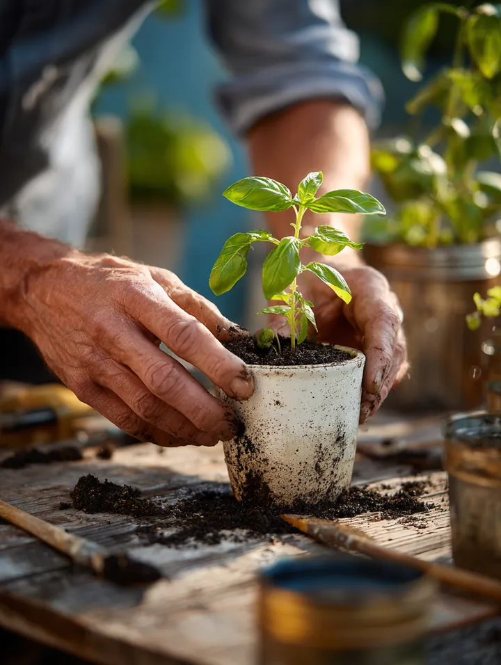 Man's hands repotting a basil plant at a wooden bench in a garden center